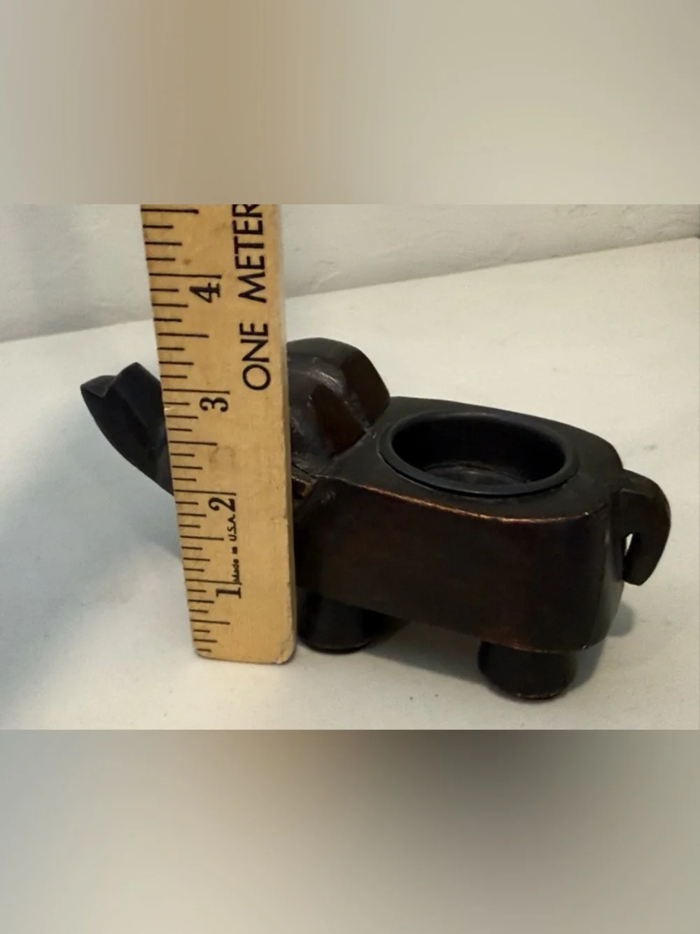 Hand Carved Brown Wood Elephant TeaLight Candle Holder Trunk Up Luck Shelf Decor